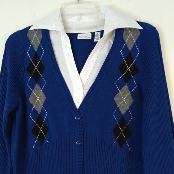 Royal Blue  with Argyle Design VNeck Sweater with Faux Built In White Shirt Sz S - Picture 2 of 10